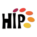 HIP Logo_ The word HIP is in large black capitals; red, orange and yellow ovals circle the right side.